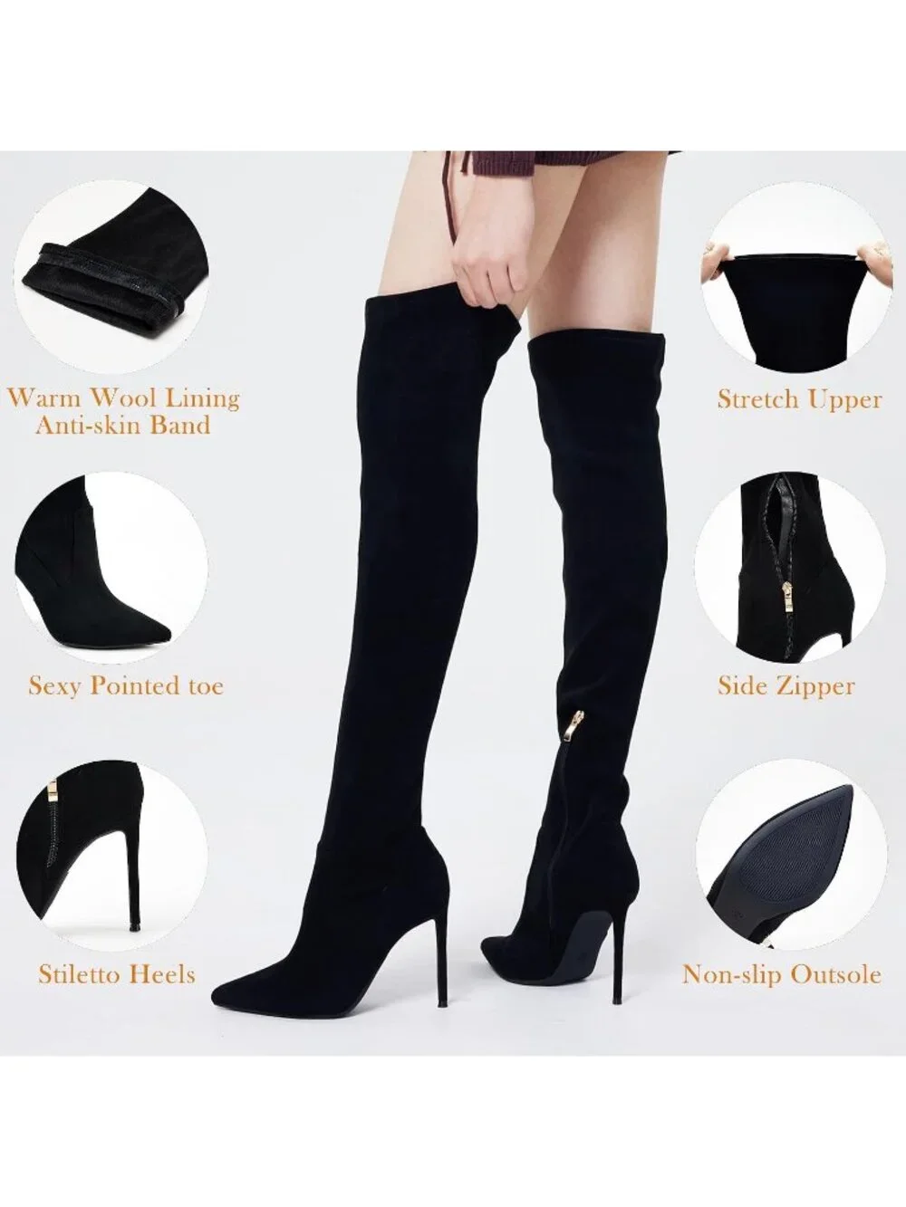 Women's Suede Black Over the Knee Boots Stiletto Pointed Toe Thigh High Heels